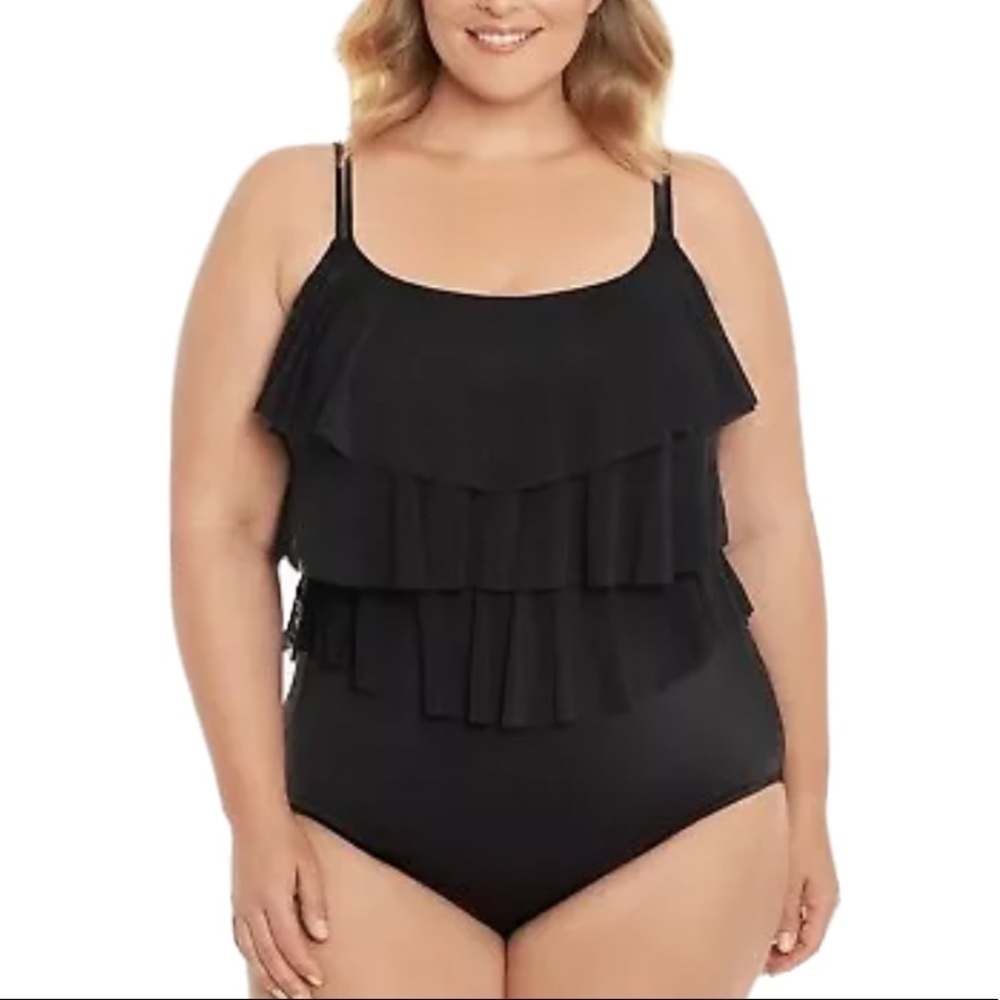 Swim Solutions Black Plus Size Triple Tiered One-Piece Swimsuit